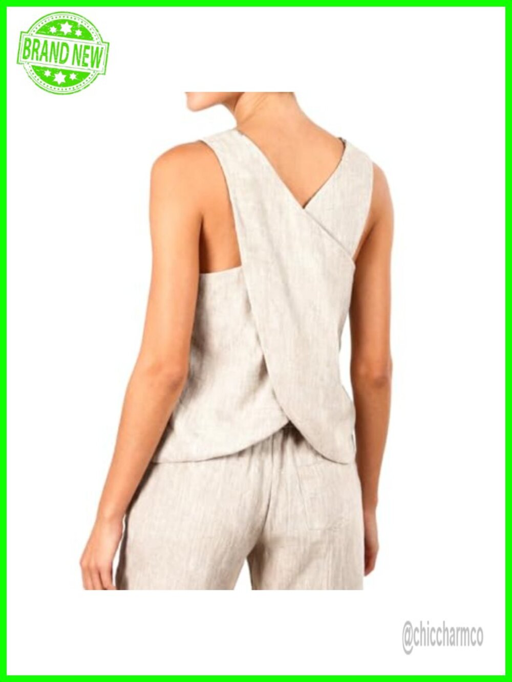 Women's 100% Linen Cross Back Sleeveless Tank Top Summer Casual
